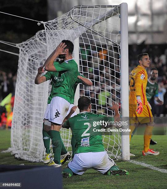 Trinidad Guerrero of C.F. Villanovense reacts after his team missed an opportunity to score a goal during the Copa del Rey Last of 16 First Leg match...