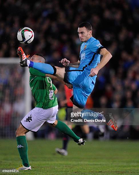 Thomas Vermaelen of FC Barcelona clears the ball from Casi Ruiz of C.F. Villanovense's during of the Copa del Rey Last of 16 First Leg match between...