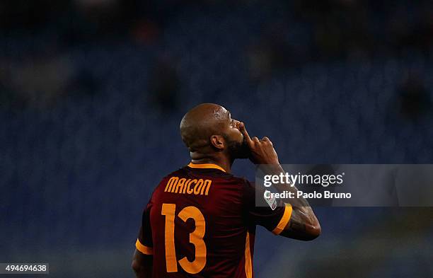 Maicon of AS Roma celebrates after scoring the team's second goal during the Serie A match between AS Roma and Udinese Calcio at Stadio Olimpico on...