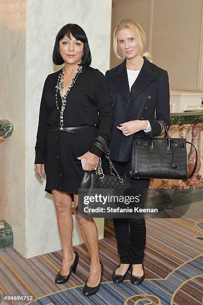 Esthella Provas and Celesta Hodge attend MOCA's 9th Awards To Distinguished Women In The Arts at Regent Beverly Wilshire Hotel on October 28, 2015 in...