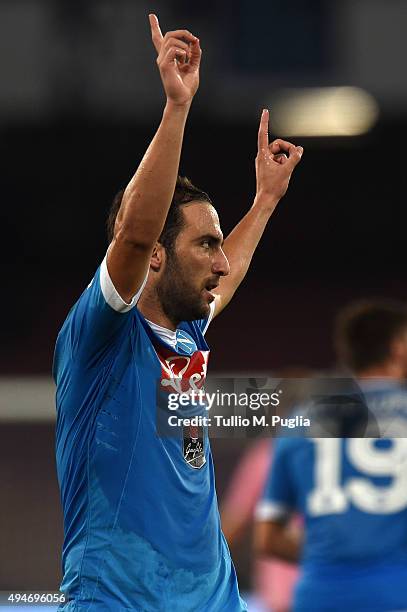 Gonzalo Higuain of Napoli celebrates after scoring the opening goal during the Serie A match between SSC Napoli and US Citta di Palermo at Stadio San...