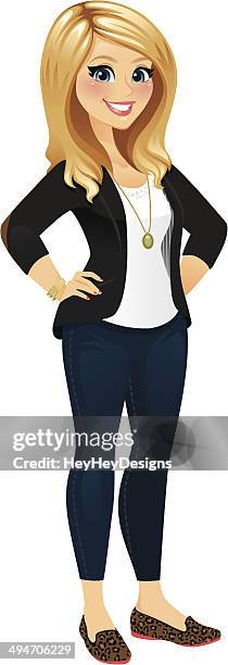 ilustraciones, imágenes clip art, dibujos animados e iconos de stock de bonita rubia mujer en ropa de estilo informal - cabello largo