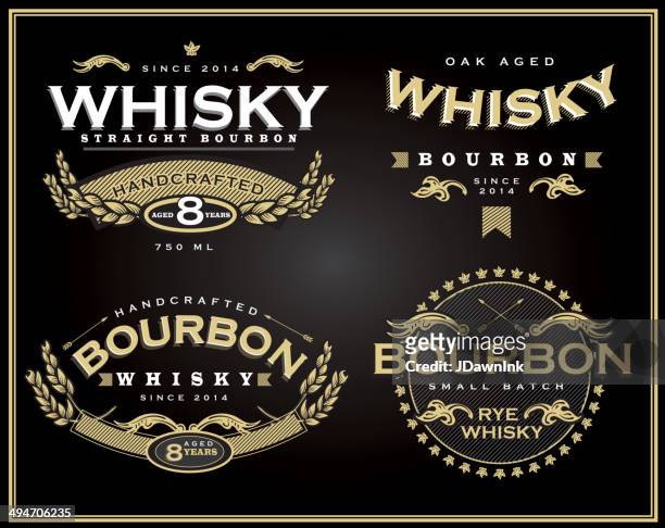 set of four whisky and bourbon label designs - whiskey stock illustrations