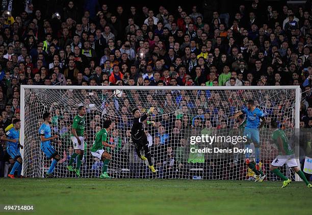 Jose Fuentes of C.F. Villanovense makes a save during the Copa del Rey Last of 16 First Leg match between C.F. Villanovense and F.C. Barcelona at...