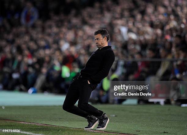 Head coach Luis Enrique of FC Barcelona reacts on the touchline during the Copa del Rey Last of 16 First Leg match between C.F. Villanovense and F.C....