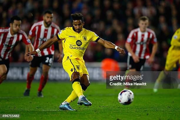 Scott Sinclair of Aston Villa scores a consolation goal from the penalty spot during the Capital One Cup Fourth Round match between Southampton v...