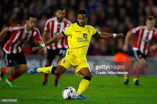 Scott Sinclair of Aston Villa scores a consolation goal from the penalty spot during the Capital One Cup Fourth Round match between Southampton v...