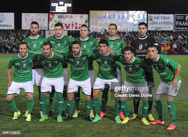 The C.F. Villanovense team lineup during of the Copa del Rey Last of 16 First Leg match between C.F. Villanovense and F.C. Barcelona at estadio...