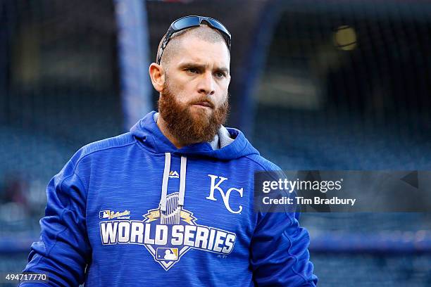 Jonny Gomes of the Kansas City Royals looks on before Game Two of the 2015 World Series between the Royals and the New York Mets at Kauffman Stadium...