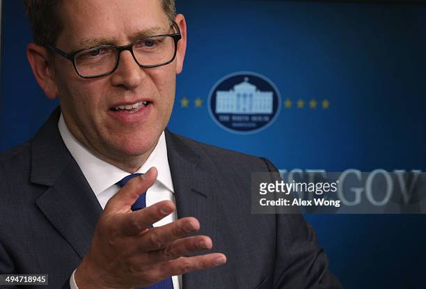 White House Press Secretary Jay Carney speaks during the White House daily briefing 2014 in the James Brady Press Briefing Room May 30, 2014 in...