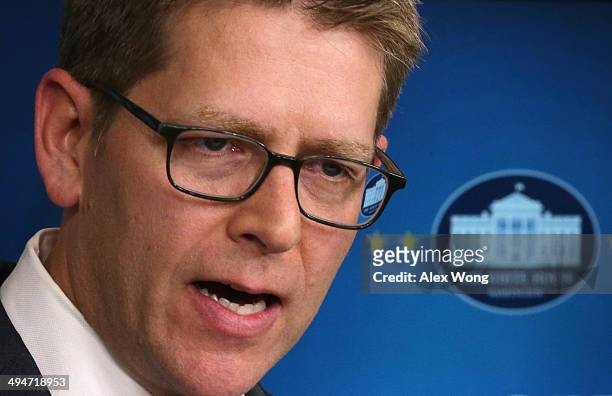 White House Press Secretary Jay Carney speaks during the White House daily briefing 2014 in the James Brady Press Briefing Room May 30, 2014 in...