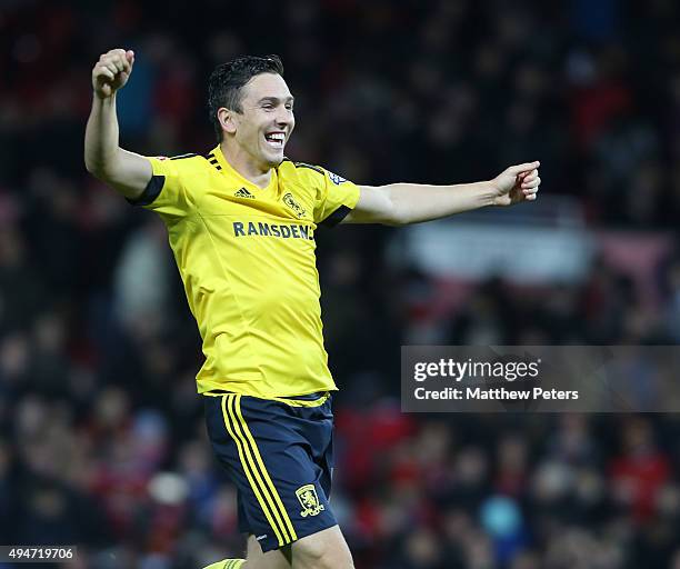 Stewart Downingof Middlesbrough celebrates after the Capital One Fourth Round match between Manchester United and Middlesbrough at Old Trafford on...