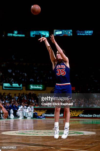 Danny Ferry of the Cleveland Cavaliers shoots against the Boston Celtics during a game played in 1992 at the Boston Garden in Boston, Massachusetts....