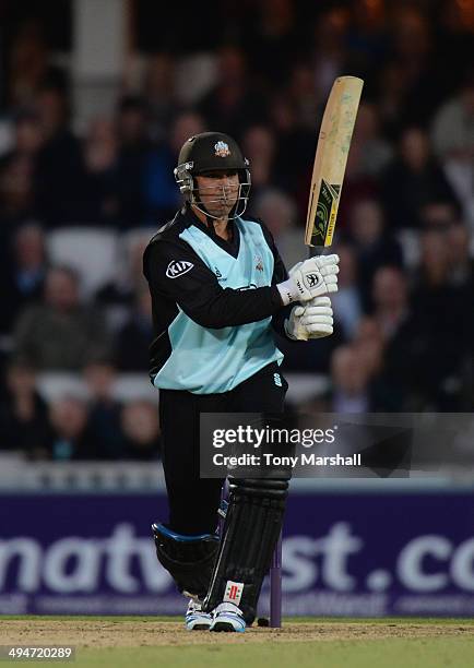 Azhar Mahmood of Surrey bats during the NatWest T20 Blast match between Surrey and Middlesex Panthers at The Kia Oval on May 30, 2014 in London,...