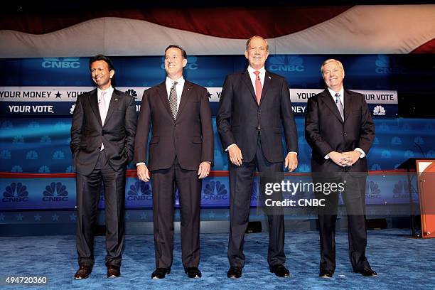 The Republican Presidential Debate: Your Money, Your Vote -- Pictured: Bobby Jindal, Rick Santorum, George Pataki, and Lindsey Graham participate in...