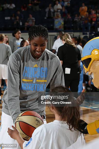 Courtney Clements of the Chicago Sky dribbles the ball against the Atlanta Dream on May 24, 2014 at Allstate Arena in Rosemont, Illinois. NOTE TO...