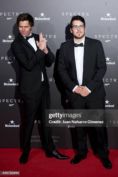 El Rubius and Mangel attend 'SPECTRE 007' premiere at Teatro Real on October 28, 2015 in Madrid, Spain.