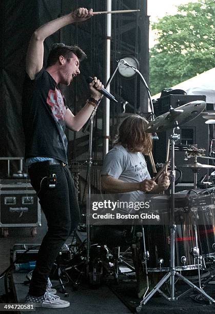 Dan Smith and drummer Chris "Woody" Wood performing with their band Bastille at the Boston Calling Concert at City Hall Plaza on Saturday, May 24,...