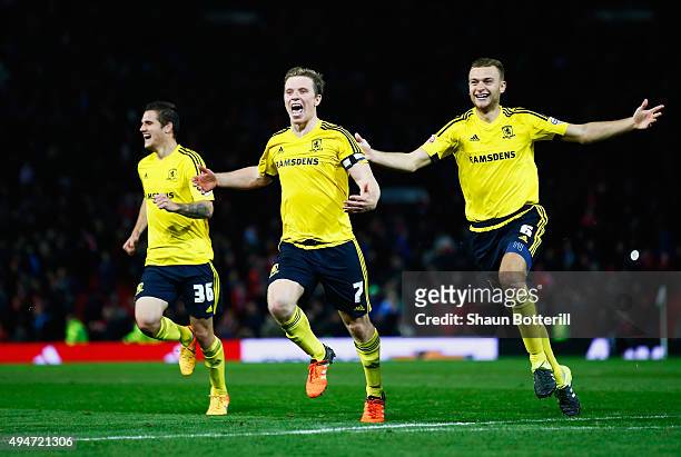 Bruno Zuculini, Grant Leadbitter and Ben Gibson of Middlesbrough celebrate victory after the penalty shoot out during the Capital One Cup Fourth...