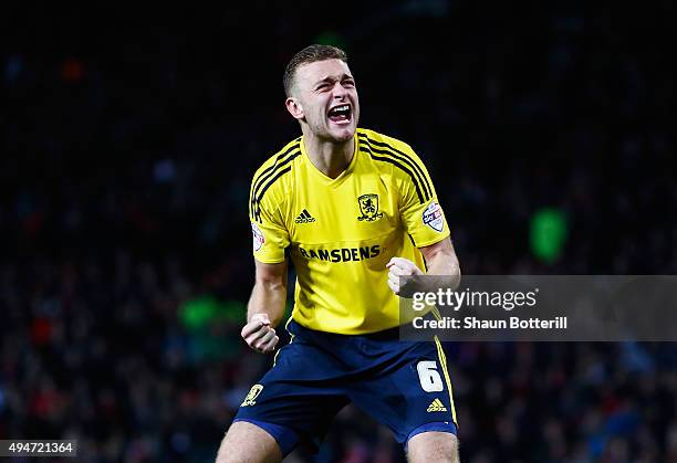 Ben Gibson of Middlesbrough celebrates scoring his penalty during the penalty shoot out during the Capital One Cup Fourth Round match between...