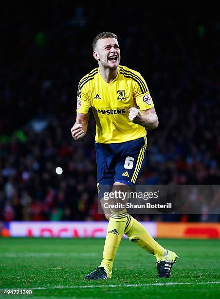 Ben Gibson of Middlesbrough celebrates scoring his penalty during the penalty shoot out during the Capital One Cup Fourth Round match between...