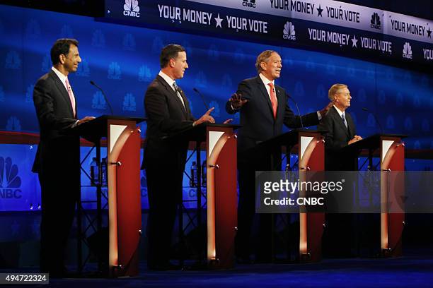 The Republican Presidential Debate: Your Money, Your Vote -- Pictured: Bobby Jindal, Rick Santorum, George Pataki, and Lindsey Graham participate in...