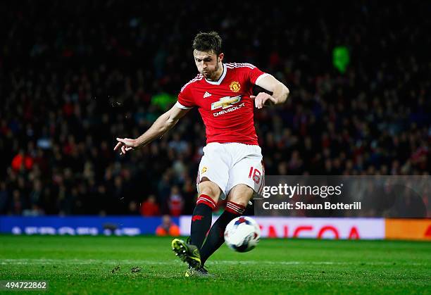 Michael Carrick of Manchester United fails to score from the penalty spot in the penalty shoot out during the Capital One Cup Fourth Round match...