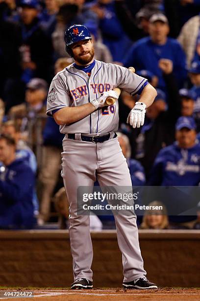 Daniel Murphy of the New York Mets reacts after striking out in the first inning against the Kansas City Royals in Game Two of the 2015 World Series...