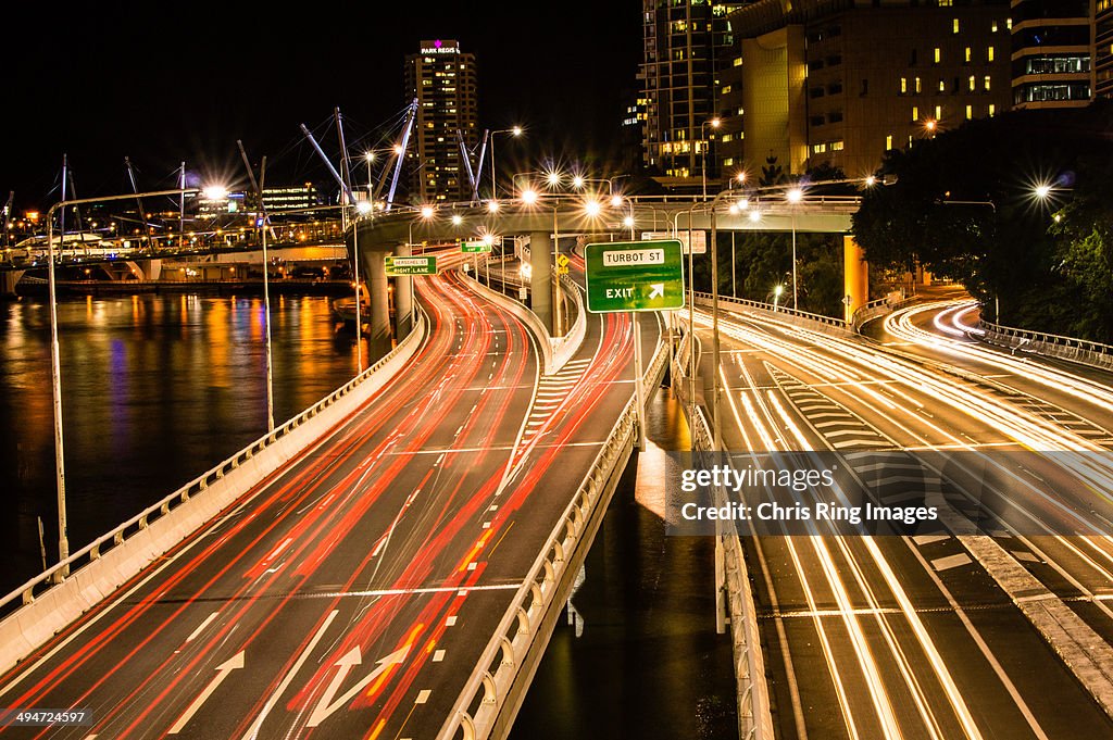 Traffic light trails on the Brisbane motorway.