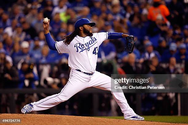 Johnny Cueto of the Kansas City Royals throws a pitch in the second inning against the New York Mets in Game Two of the 2015 World Series at Kauffman...