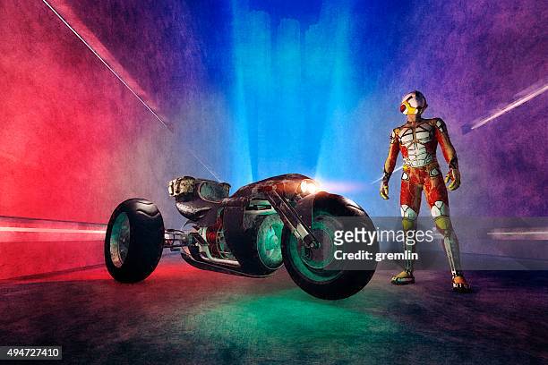 fantasy super hero with futuristic motorbike - street villains stock pictures, royalty-free photos & images