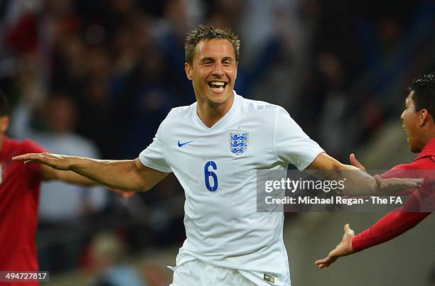 Phil Jagielka of England celebrates as he scores their third goal during the International Friendly match between England and Peru at Wembley Stadium...