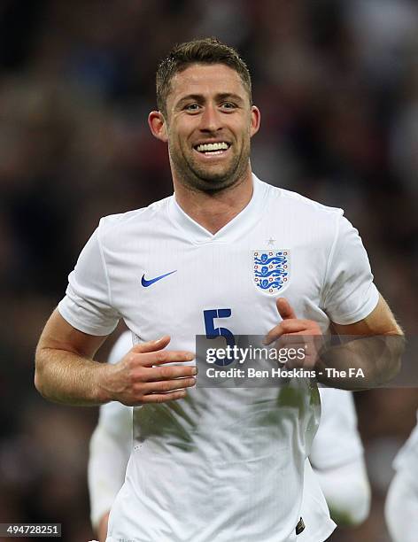 Gary Cahill of England celebrates as he scores their second goal during the International Friendly match between England and Peru at Wembley Stadium...