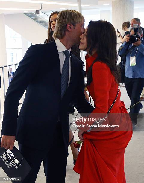 Moscow, RUSSIA Russian figure scater and 4-time Olympic champion Yevgeni Plushchenko kisses figure scater and 2014 Olympic champion Adelina Sotnikova...