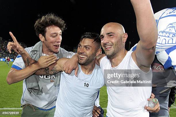 Francesco Tavano and Massimo Maccarone of Empoli FC celebrate after winning Serie B and gaining promotion to Serie A after during the Serie B match...