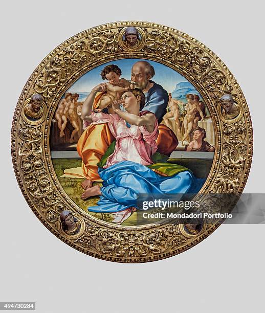 The Doni Tondo or Doni Madonna , by Michelangelo Buonarroti, 1503-1504, 16th Century, tempera on board, 120 x 120 cm Italy, Tuscany, Florence, Uffizi...