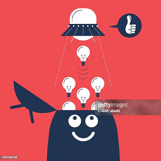 ufo sucking up idea light bulb from man's opened head - opening head silhouette stock illustrations