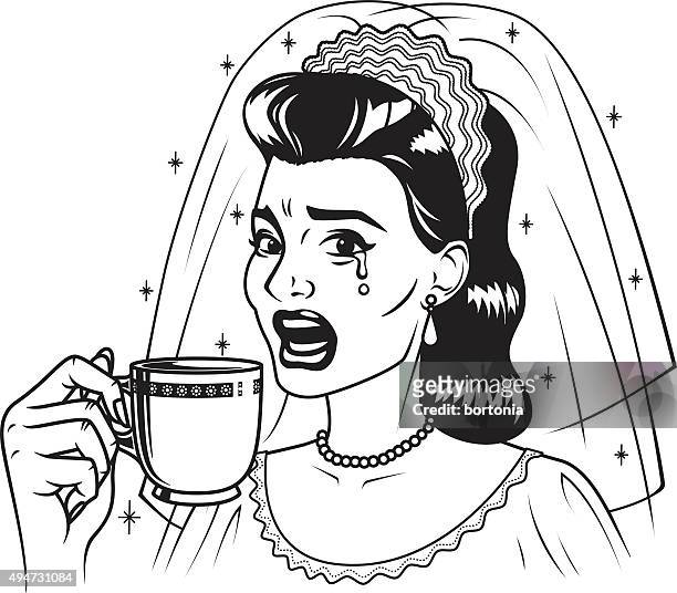 vintage retro crying woman drinking tea line art icon - crying bride stock illustrations