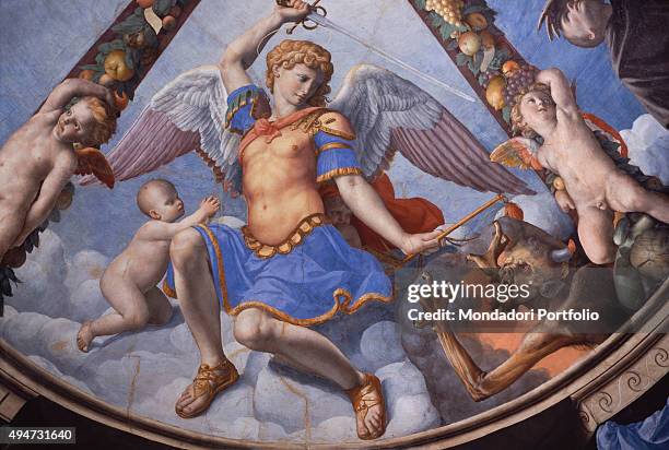 St. Michael the Archangel , by Bronzino, 1540-1545, 16th Century, fresco Italy, Tuscany, Florence, Palazzo Vecchio, Chapel of Eleonora. Detail. A...