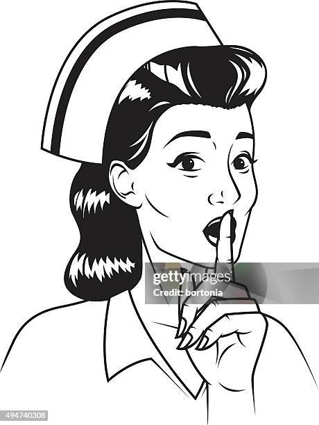 vintage retro nurse making 'shhh' gesture line art icon - shh icon stock illustrations