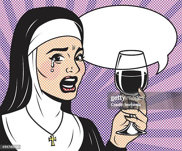 vintage retro crying nun drinking wine line art icon - nun vector stock illustrations