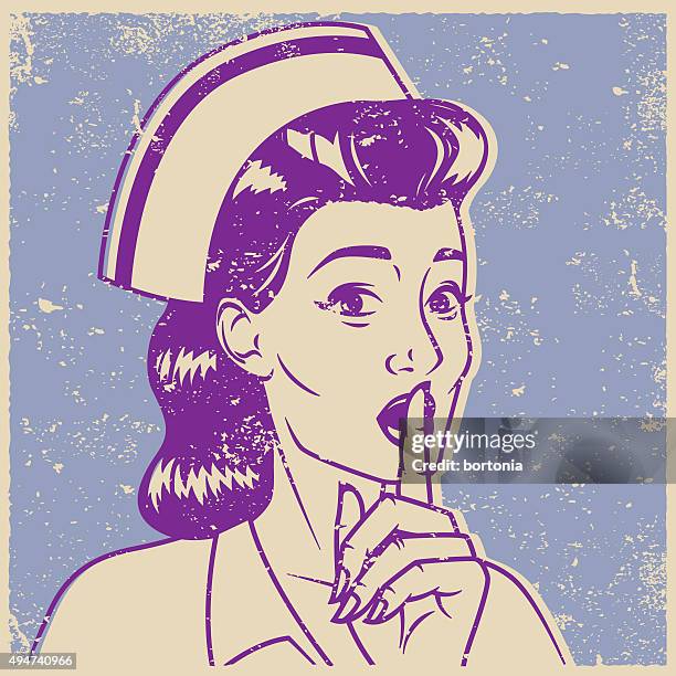 ilustrações, clipart, desenhos animados e ícones de vintage retrô enfermeira fazendo gesto'shhh'linha art ícone - sussurrando
