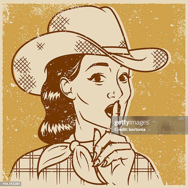 vintage retro cowgirl making 'shhh' gesture line art icon - shh icon stock illustrations