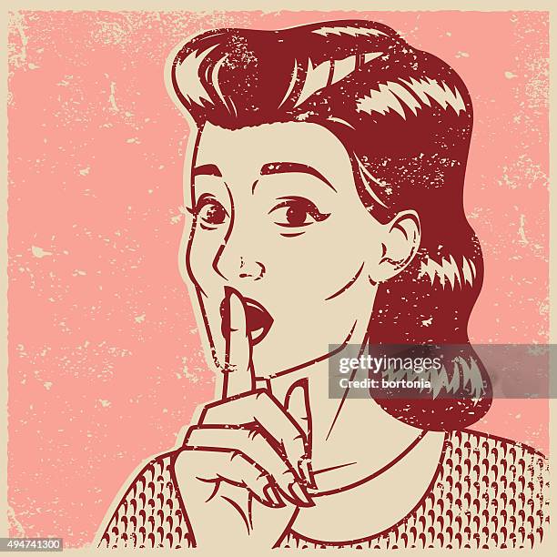 stockillustraties, clipart, cartoons en iconen met vintage retro woman making 'shhh' gesture line art icon - stilte