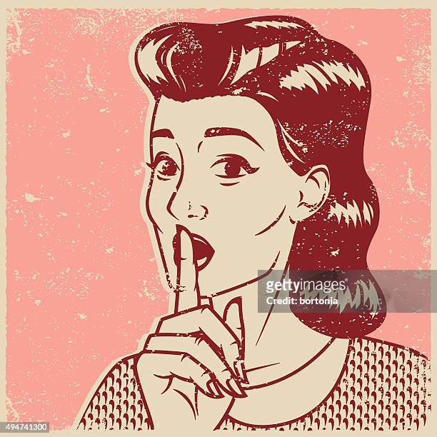 vintage retro woman making 'shhh' gesture line art icon - finger on lips stock illustrations