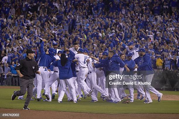 PLayoffs: Kansas City Royals Lorenzo Cain , Eric Hosmer , Mike Moustakas and Ben Zobrist victorious after winning Game 6 and series vs Toronto Blue...