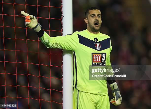 Adam Federici of Bournemouth gives instructions during the Capital One Cup Fourth Round match between Liverpool and AFC Bournemouth at Anfield on...