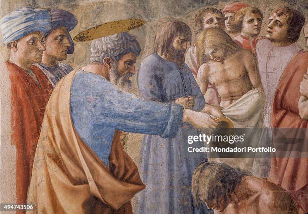 Baptism of the Neophytes , by Masaccio, 1425-1426, 15th Century, fresco, 255 x 162 cm Italy, Tuscany, Florence, Church of Santa Maria del Carmine,...