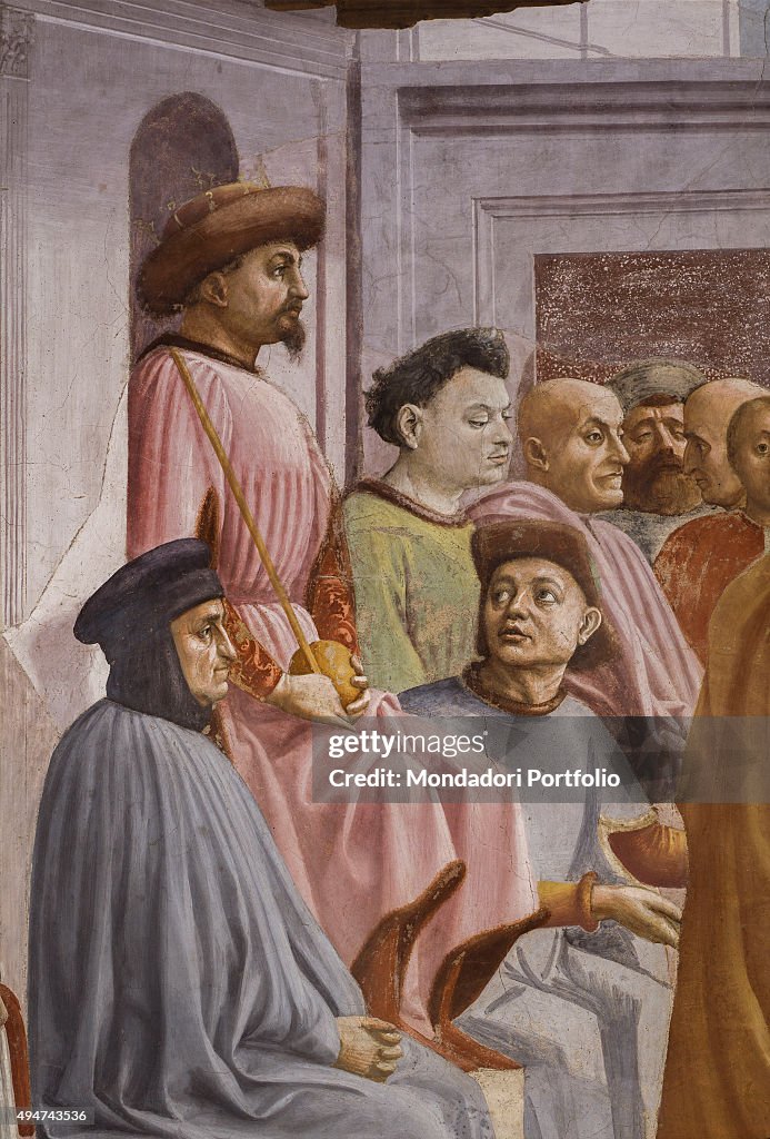 Raising of the Son of Theophilus and Saint Peter Enthroned (Resurrezione del figlio di Teofilo e San Pietro in cattedra), by Masaccio and Filippino Lippi, 1427-1485, 15th Century, fresco, 230 x 599 cm