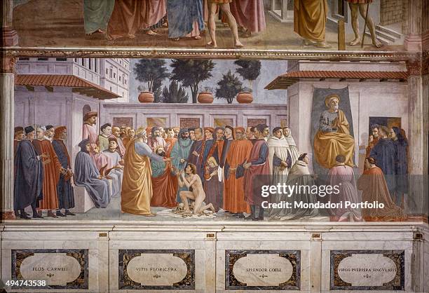 Raising of the Son of Theophilus and Saint Peter Enthroned , by Masaccio and Filippino Lippi, 1427-1485, 15th Century, fresco, 230 x 599 cm Italy,...